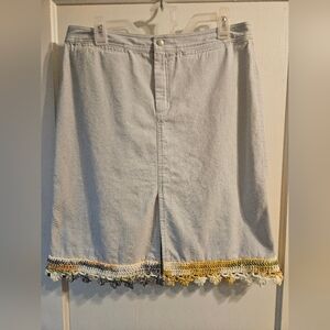Banana Republic Upcycled Light Wash Denim Skirt with Hand Crochet Hem. Size 12.